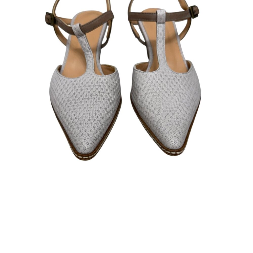 Sundance Taupe/Gray Leather Pointed Toe Stacked Heel T-Strap Shoes Size 39 / 8 - Picture 3 of 8